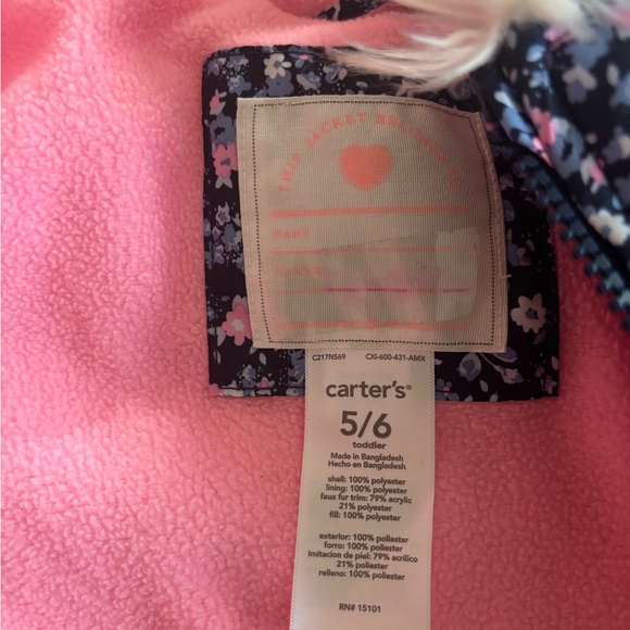 Carter's girls Navy Floral Jacket with Pink Fleece - Picture 4 of 4